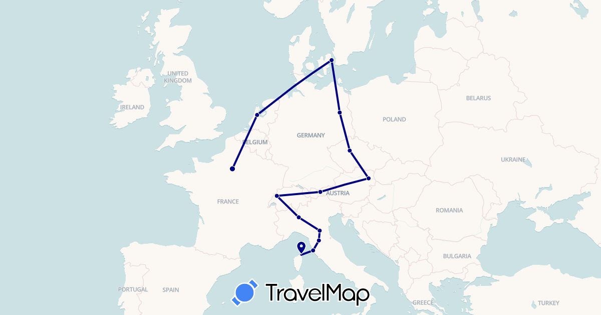 TravelMap itinerary: driving in Austria, Switzerland, Czech Republic, Germany, Denmark, France, Italy, Netherlands (Europe)